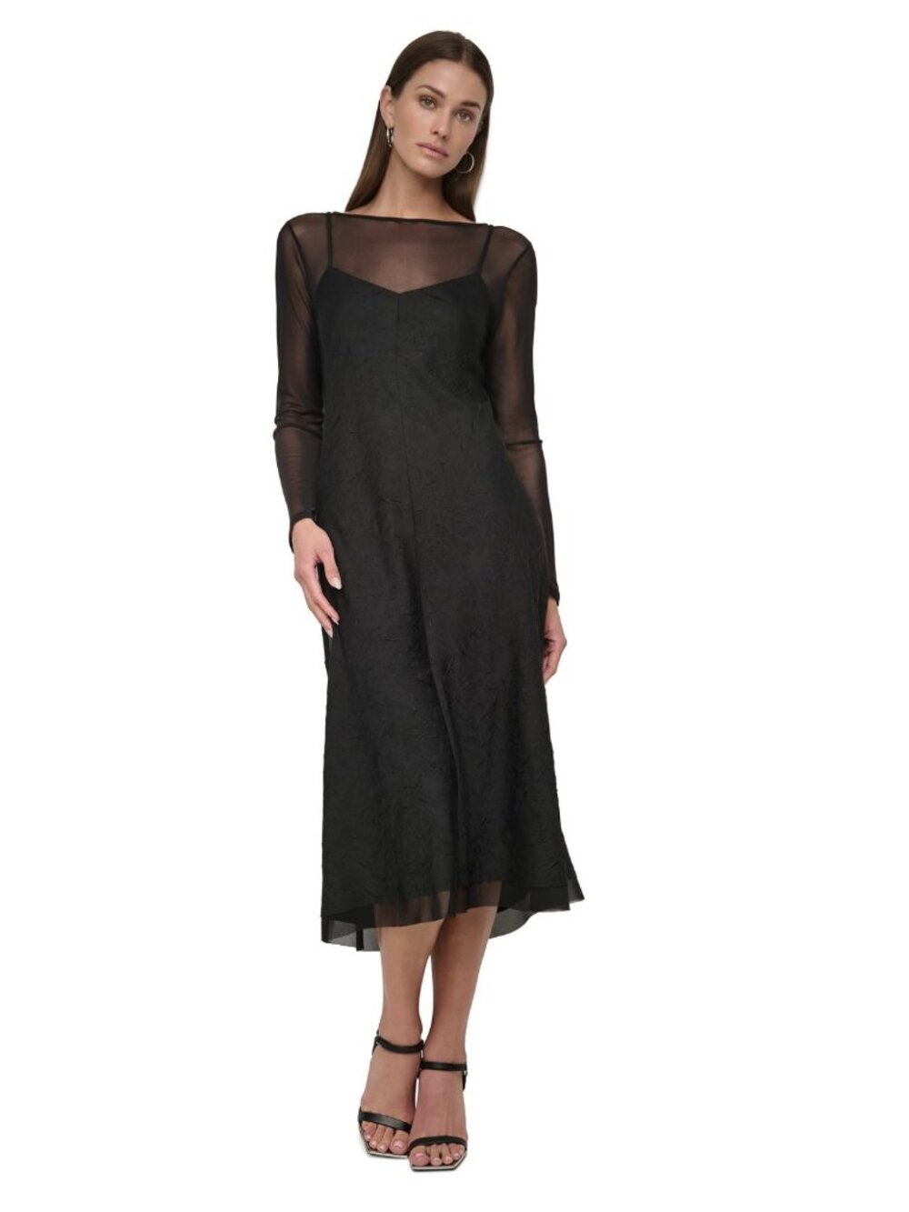 DKNY Black Long-Sleeve Sheer Mesh Midi Dress Womens Size 10 Elegant Eveningwear